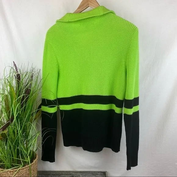 Ralph Lauren Green & Black Quarter Zip Long Sleeve Color block Neon Sweater L Size L - Image 2