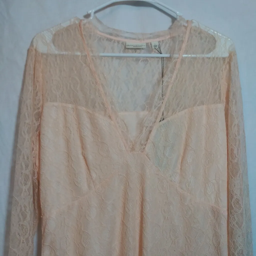Eva Mendes Deep V Neck Lace Bodysuit Peach Long Sleeve Size L Pink Size L - Image 2