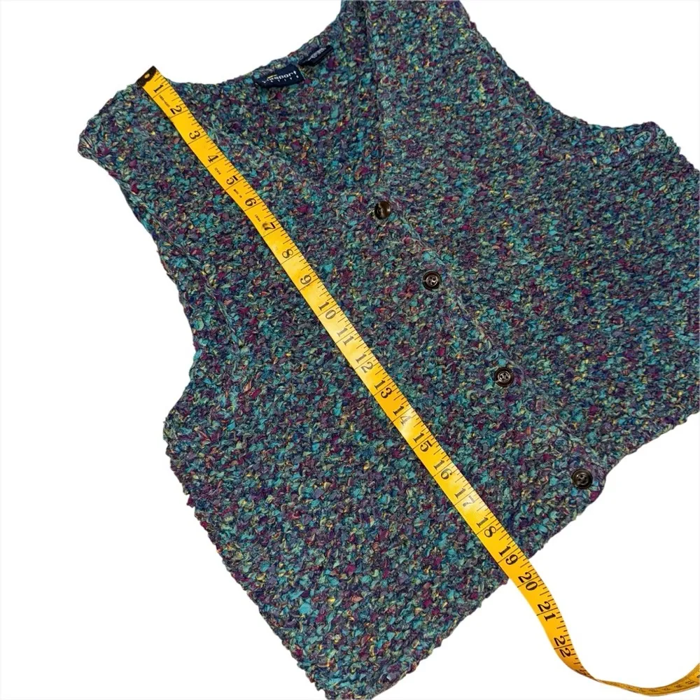 VTG 90s Liz Sport Multicolor Cotton Ribbon Knit Chunky Button Vest Petite Small Green Size undefined - Image 7