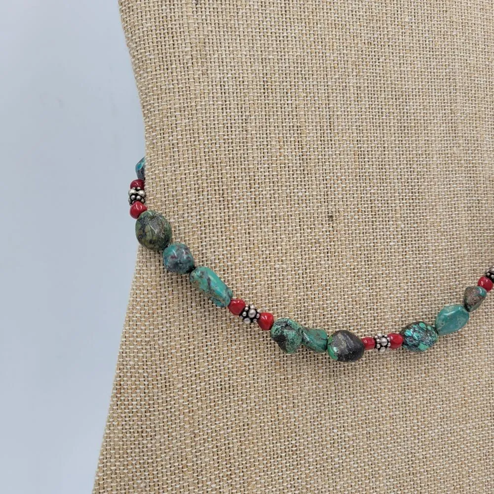 VTG Turquoise Jasper Gems Choker Necklace Green Red Silver Beads Southwestern Blue - Image 7