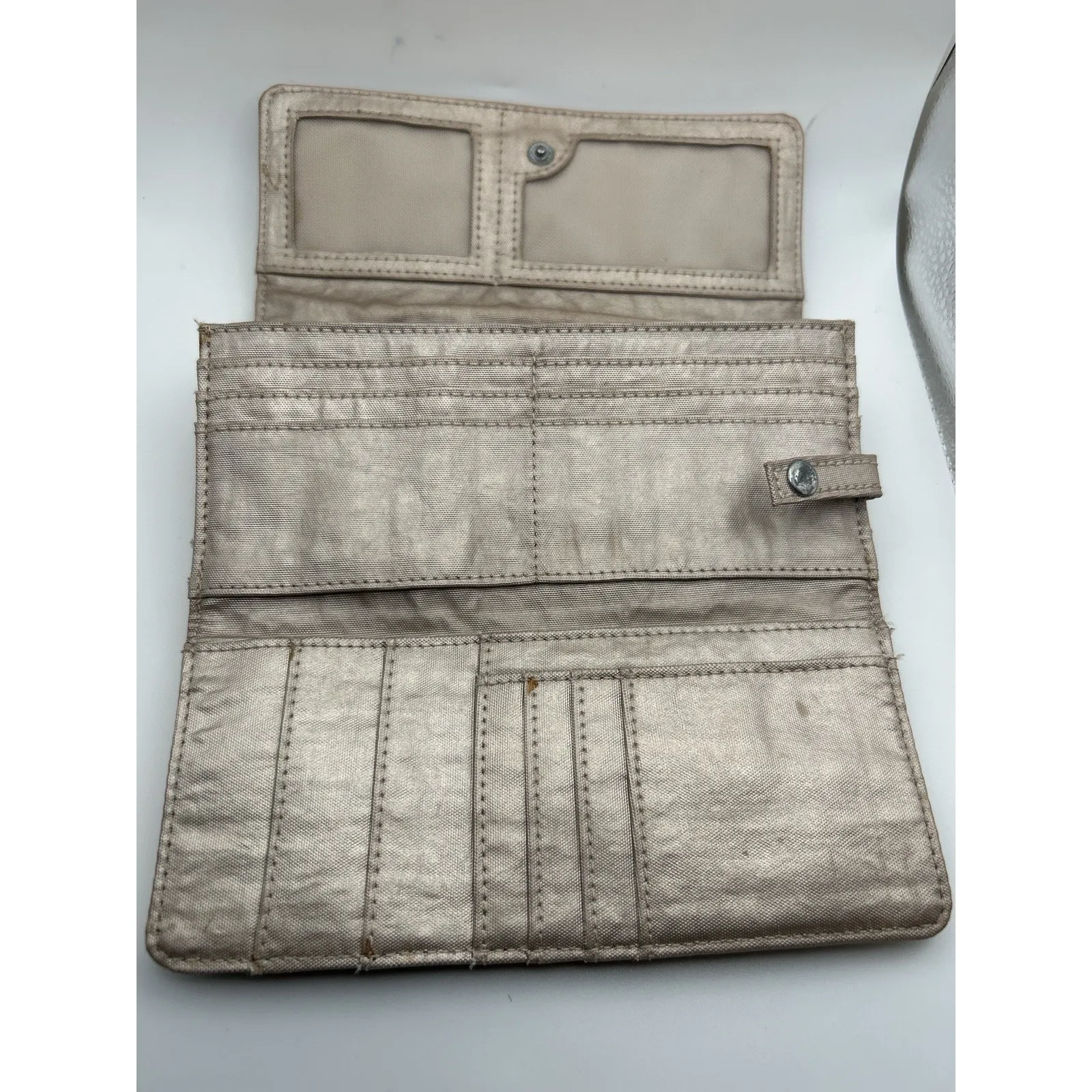 Kipling Metallic Taupe/Champagne Nylon Trifold Wallet with Logo Patch - Image 3