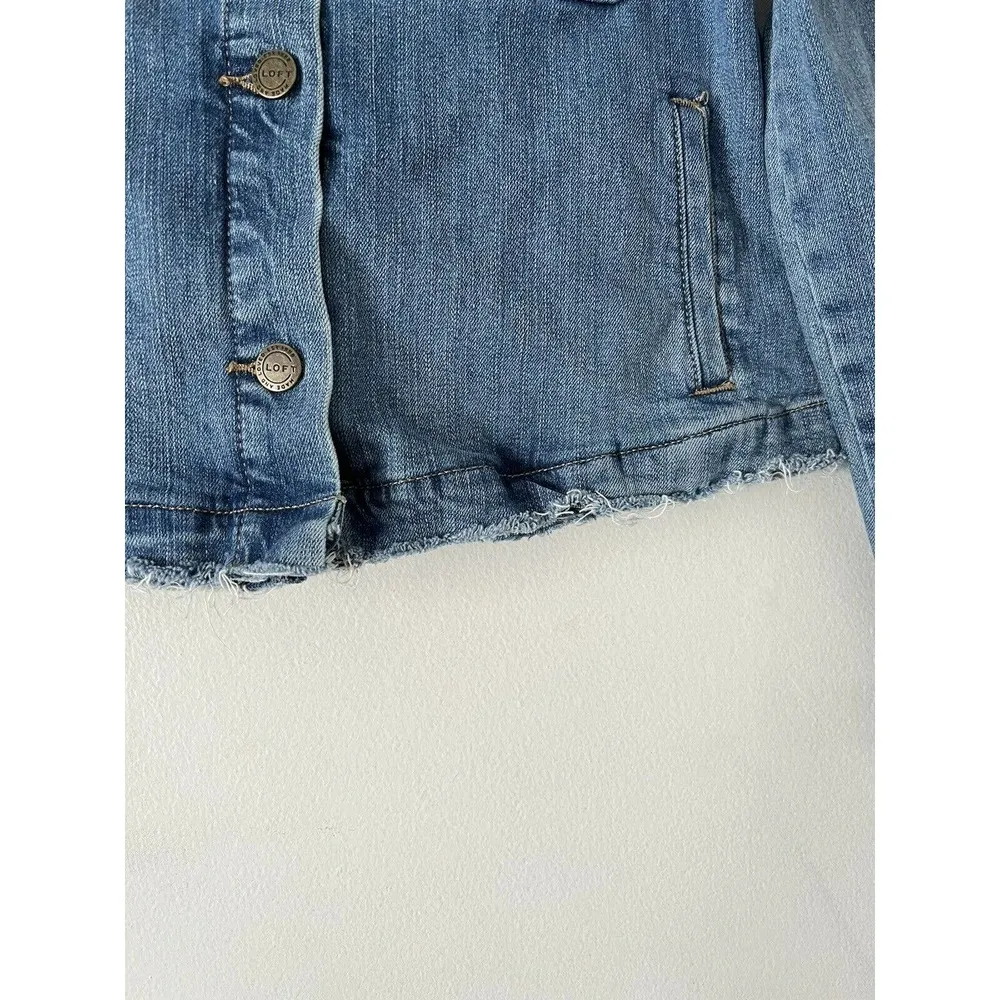 Loft Medium Wash Raw Hem Denim Trucker Jacket Size XXS - Image 4