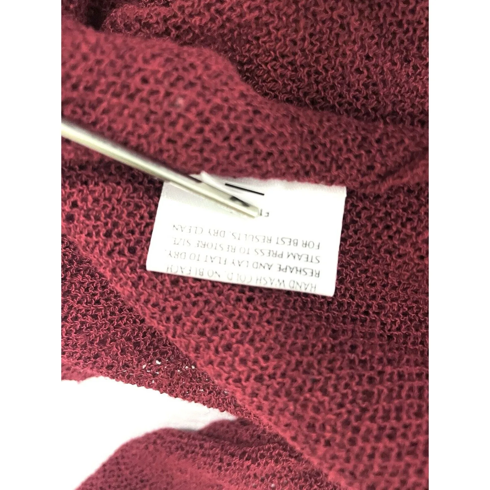 Eileen Fisher Loose Knit Open Ruffle Front Cardigan Wine Red Linen Blend Medium - Image 10