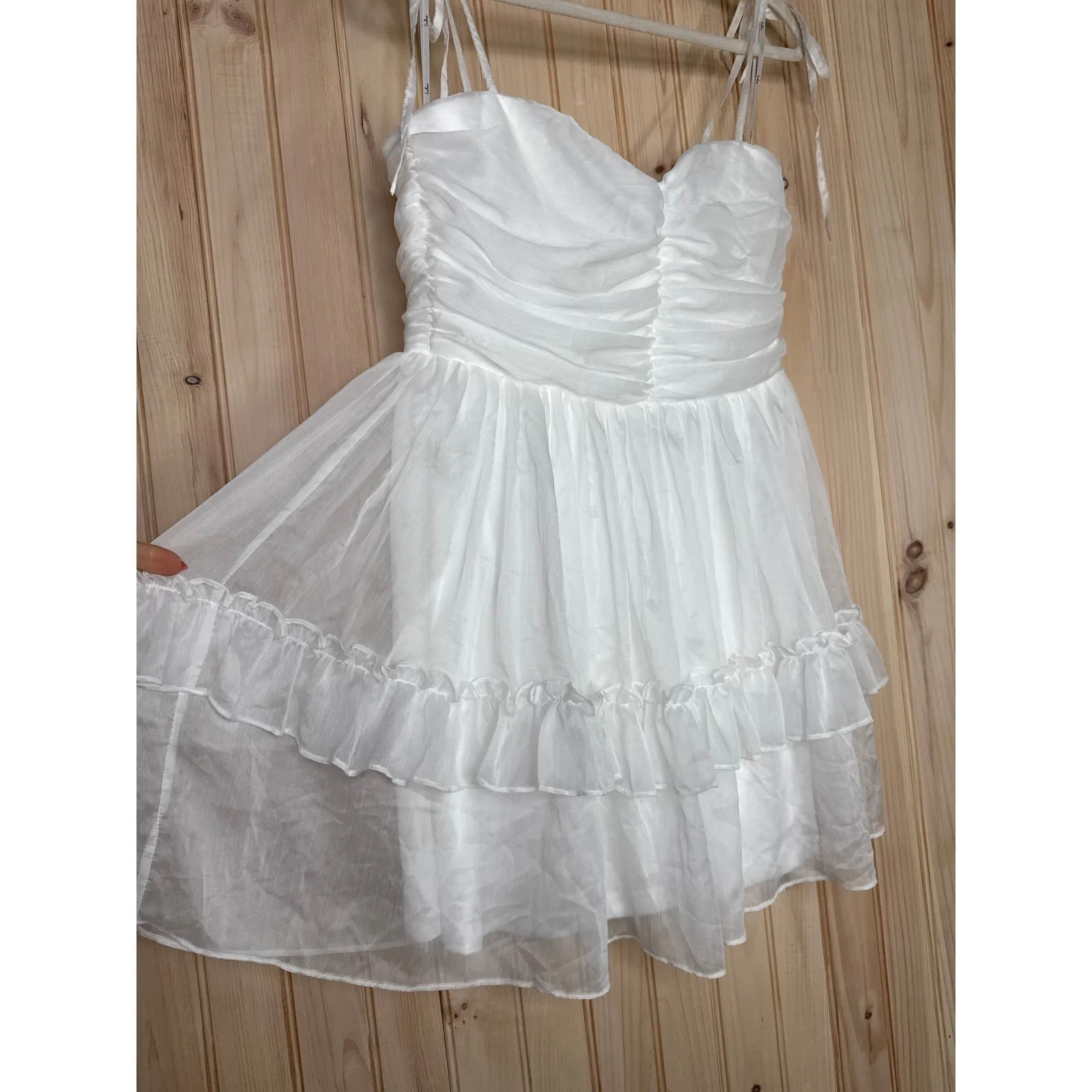 NWT Lulus Angelic Approach White Chiffon Ruffled Tie-Strap Mini Dress Party Sz L - Image 4