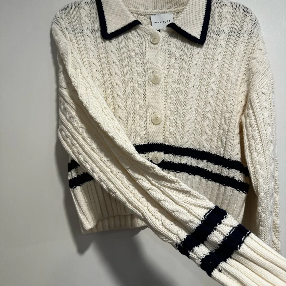 NWT Pink Rose Preppy Cream & Navy  Cable Knit Collared Cardigan. Ribbed Hem. S - Image 12