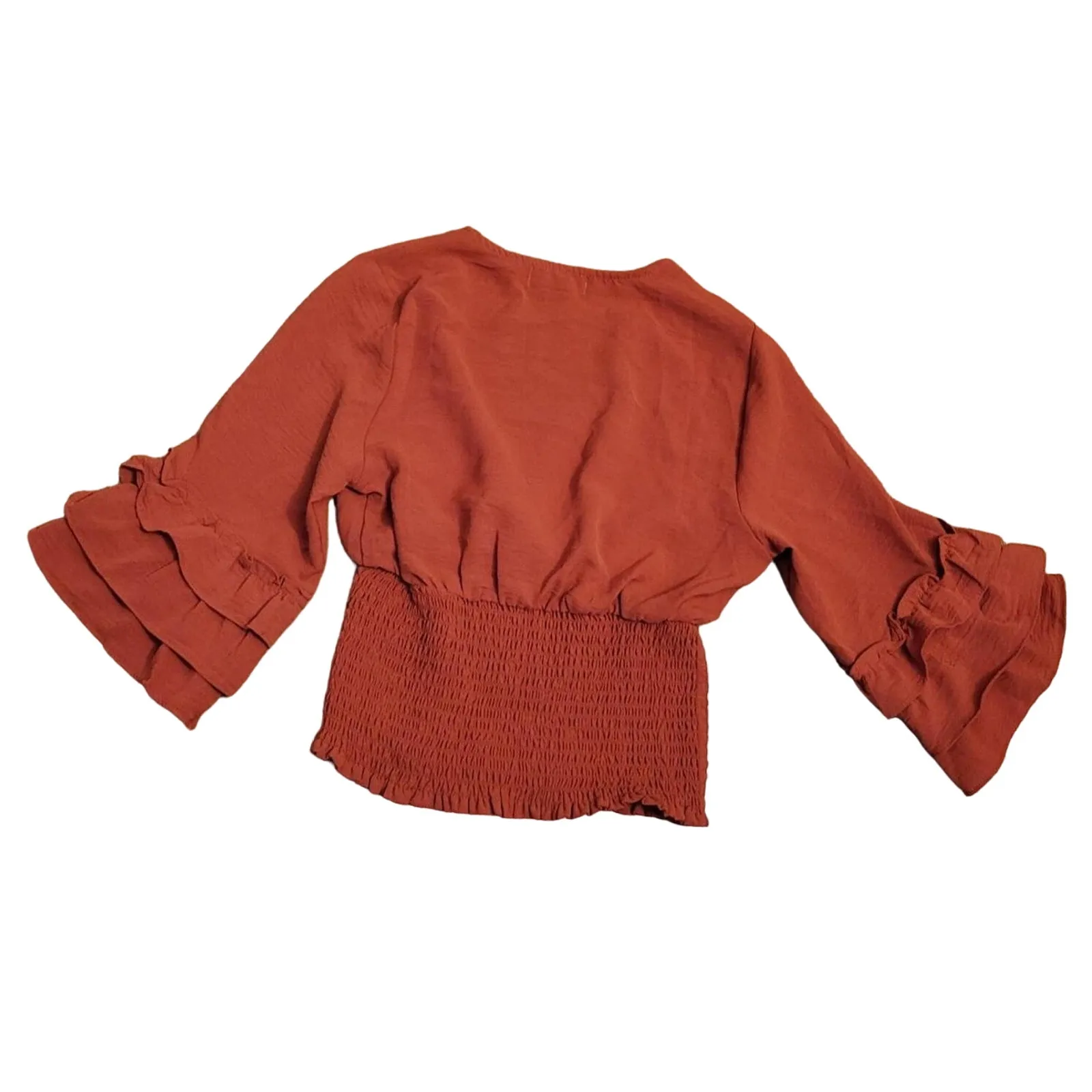 Rust Surplice Neckline Ruffle Sleeve Smocked Waist Blouse Fairy Core Boho‎ Sz XS - Image 2