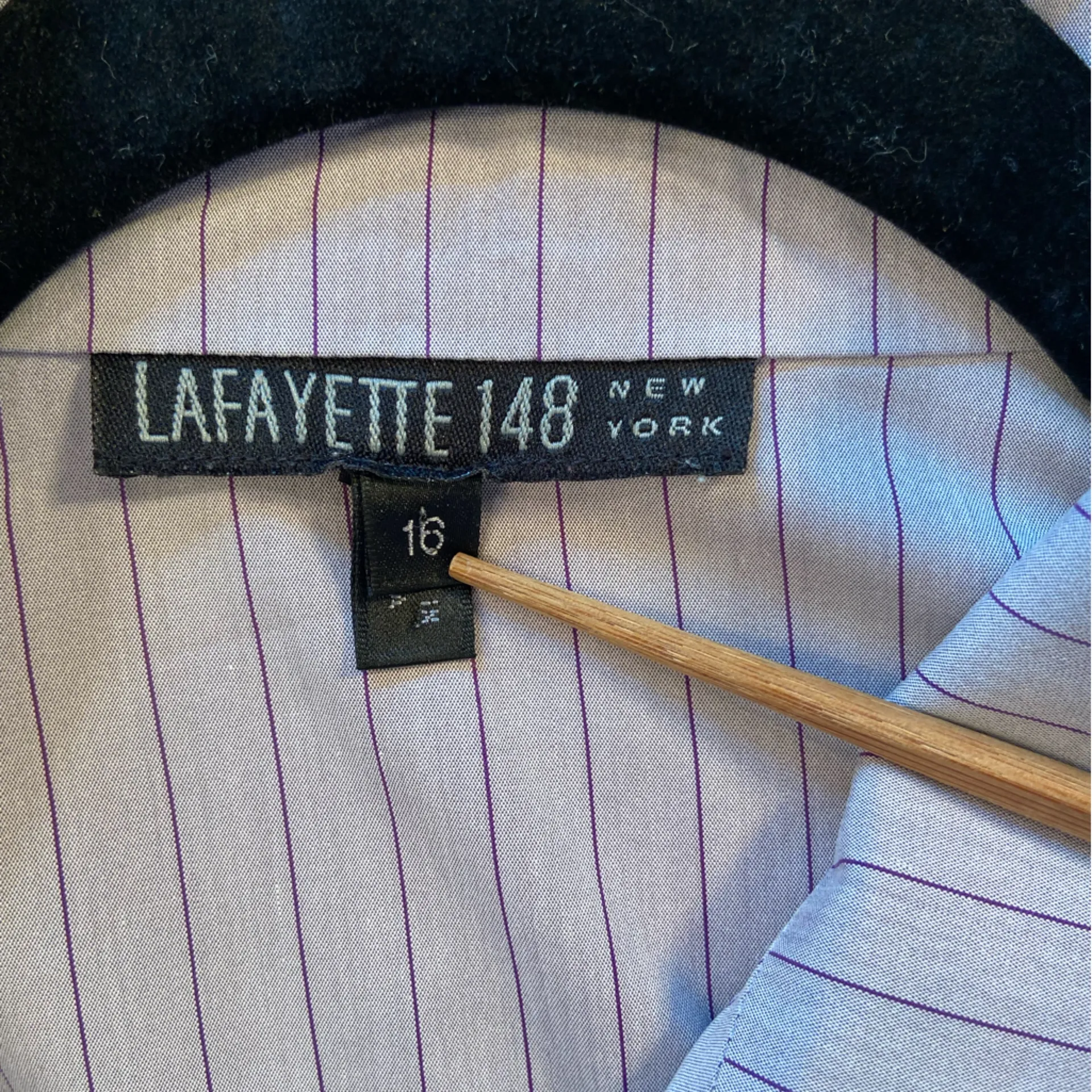 Lafayette 148 NY women’s button down, pin stripe Tonal Purple top size 16‎ - Image 3