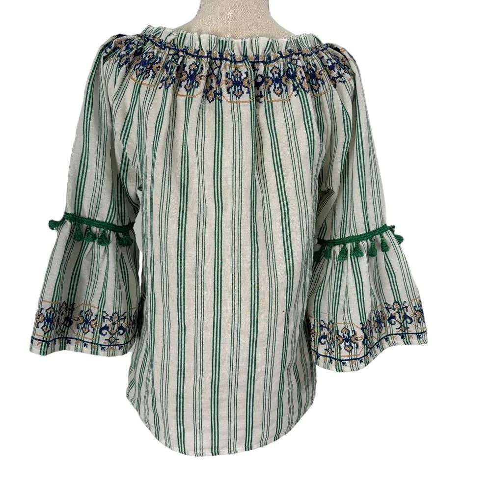 Jade Melody Tam Top Womens M‎ Green Embroidery Stripe Tassel Boho Anthro Peasant Size M - Image 2