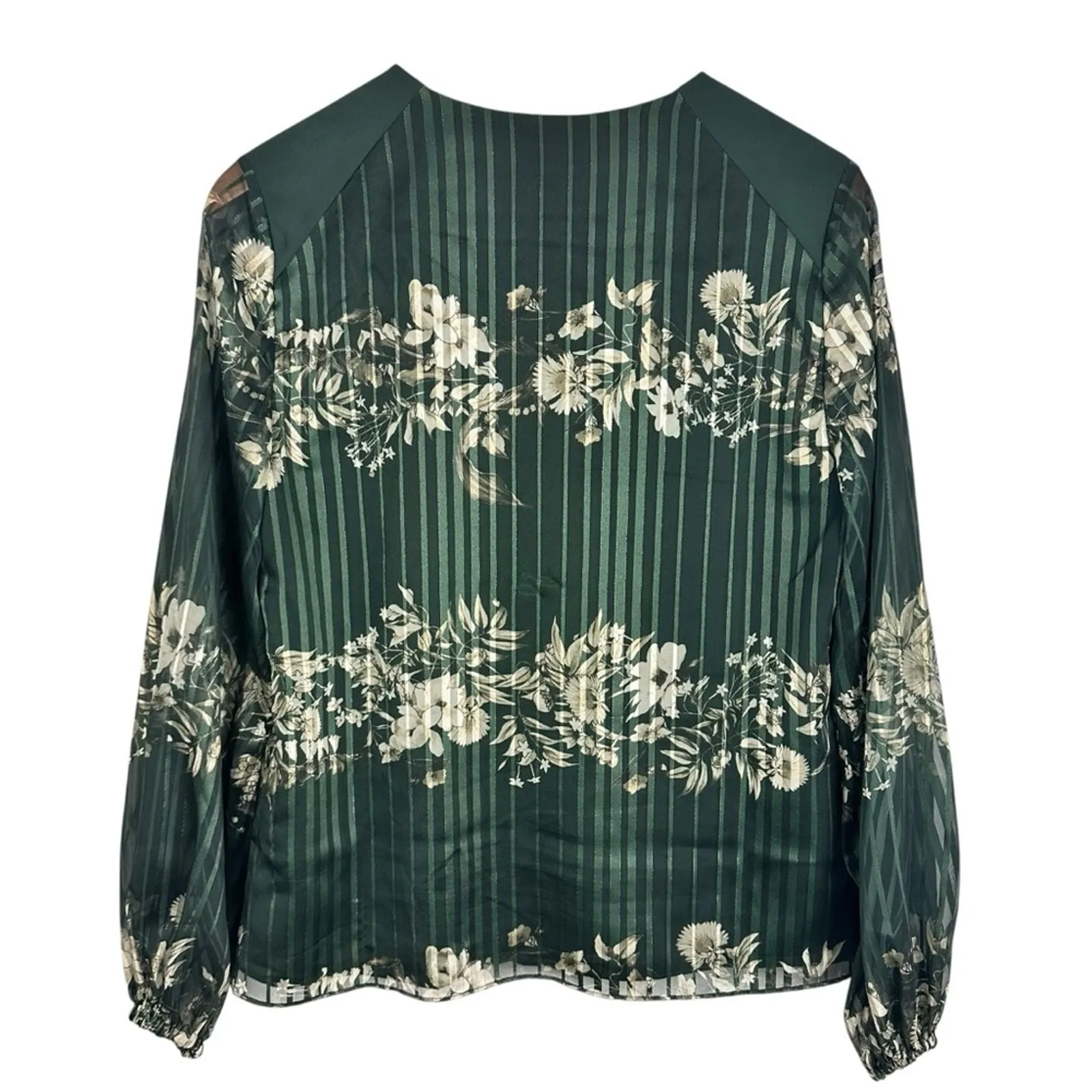 Ted Baker Evelin Floral Print Metallic Crepe Long Sheer Sleeve Green Blouse Sz 4 - Image 12