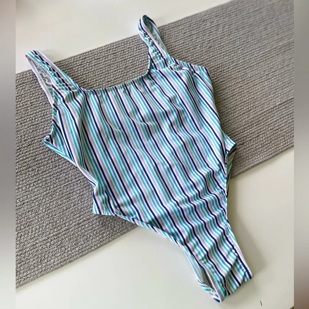 Vintage 90’s Pro Spirit Blue Purple White Stripe One Piece Low Back Swimsuit Size undefined - Image 7