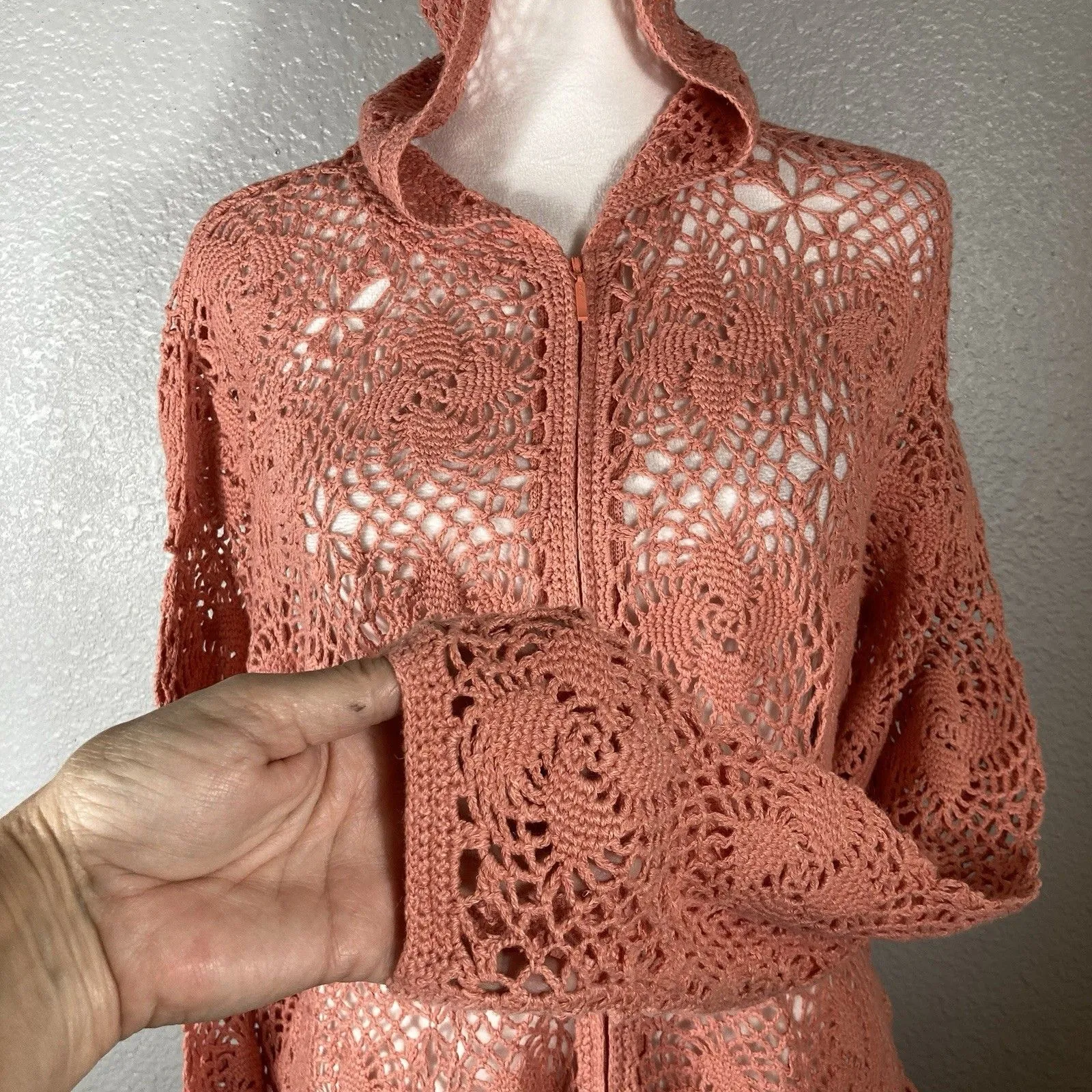 Crochet Open Knit Cardigan M Linen Hooded Zip Front Rose Pink Cottagecore Boho Size M - Image 3