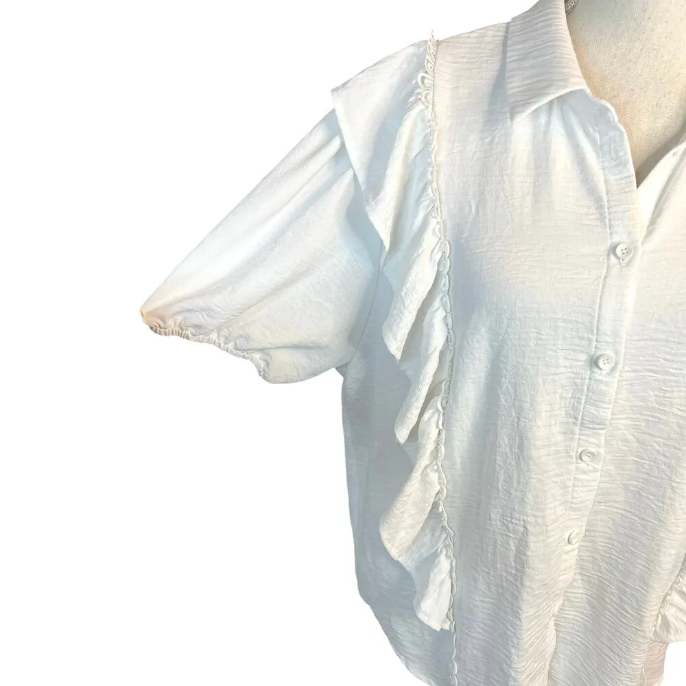 Alice blue white ruffle button down blouse neutral minimalist  casual spring - Image 3