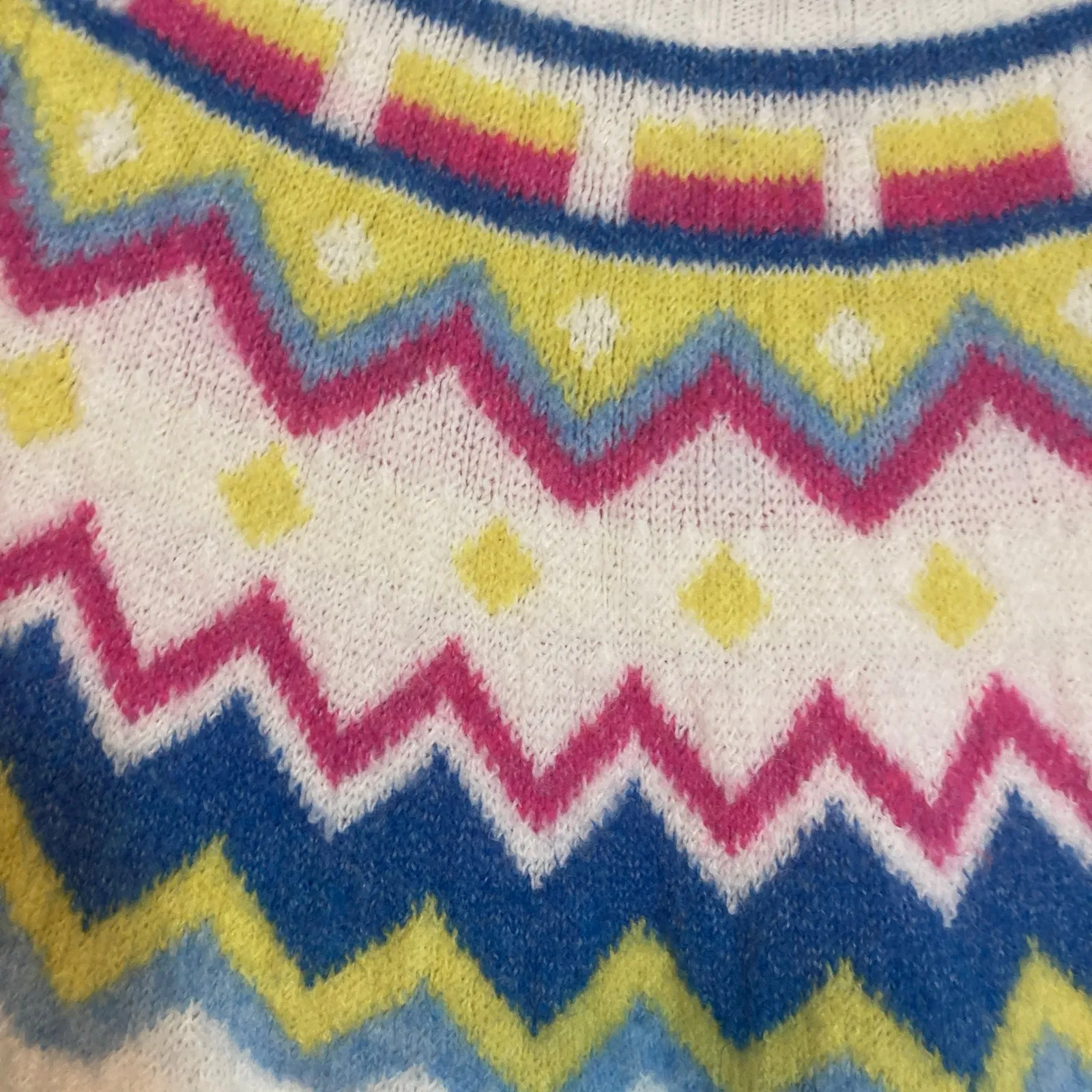 Vince Camuto Ivory Pink Blue Yellow Fair Isle Fairisle Cozy Winter Knit Sweater - Image 6