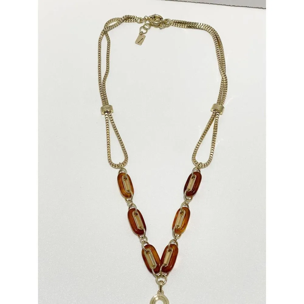 Lilly Pulitzer Boho Lariat Necklace Gold‎ Tone Chain Pink Stone Tassel Pendant - Image 9