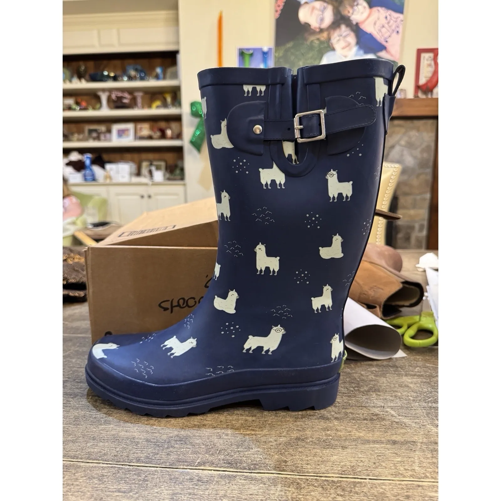 WESTERN CHIEF WOMENS Pull On Mid Calf RAIN BOOTS SIZE 9 Llamas Navy - Image 2