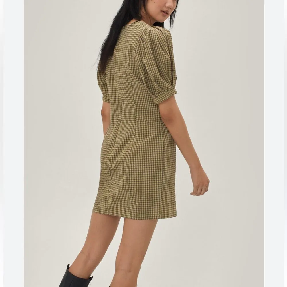 Nasty Gal Size 8 Puff Sleeve Gingham Print Fitted Mini Dress Green‎ Cottagecore - Image 7