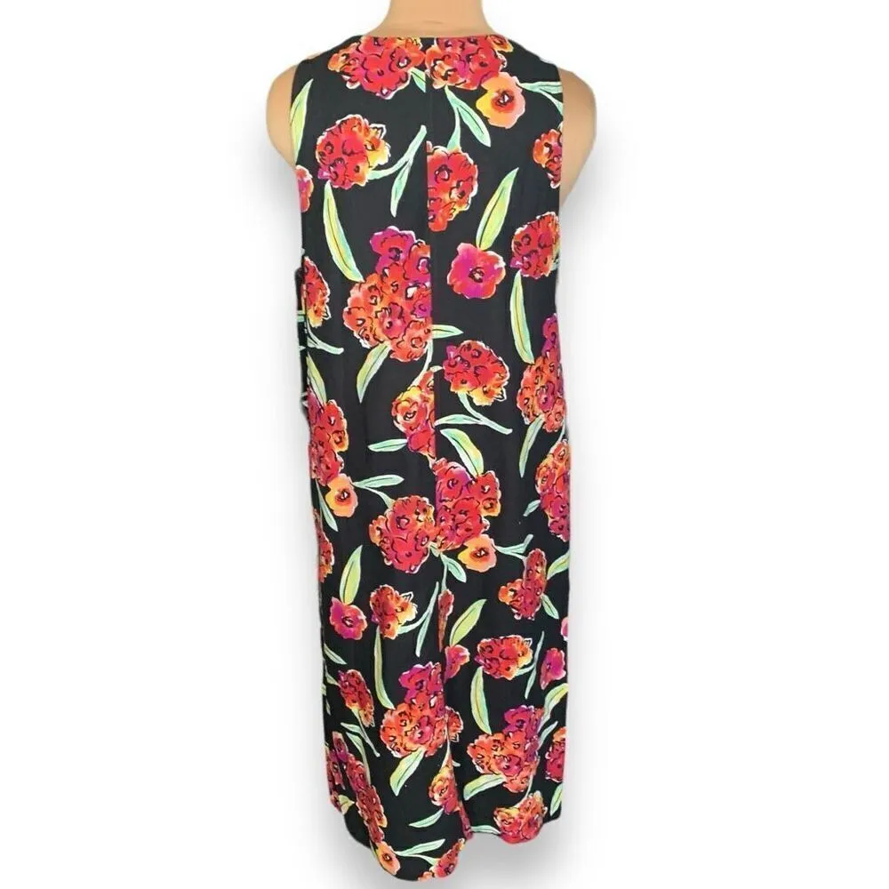 Vintage 90s Maxi Dress Black Red Tropical Floral Print Linen Blend Sleeveless Size L - Image 3