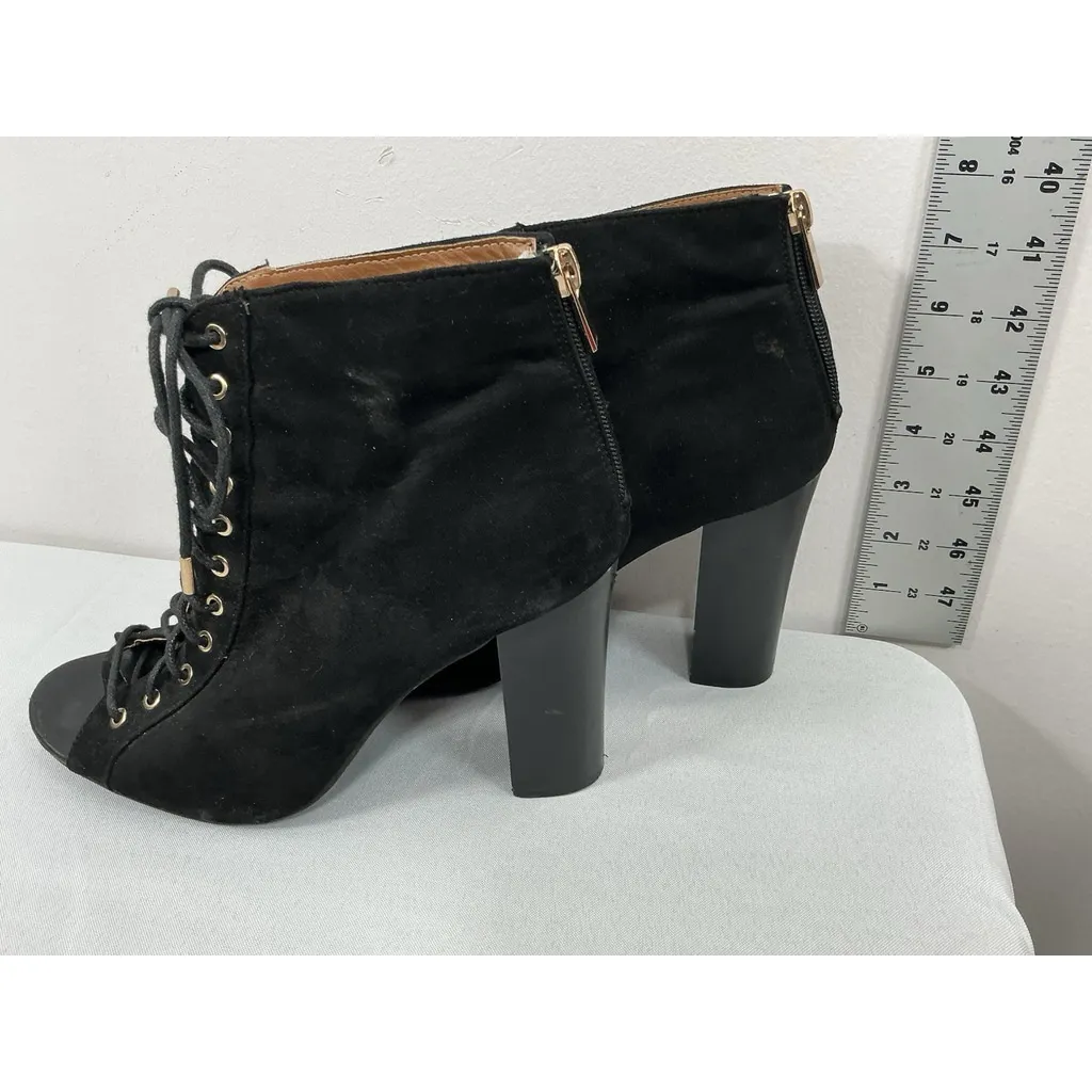 Womans Bamboo Booties Eu 40 Us 10 Black Peep Toe Lace Up Zip Up Stacked Heel - Image 4