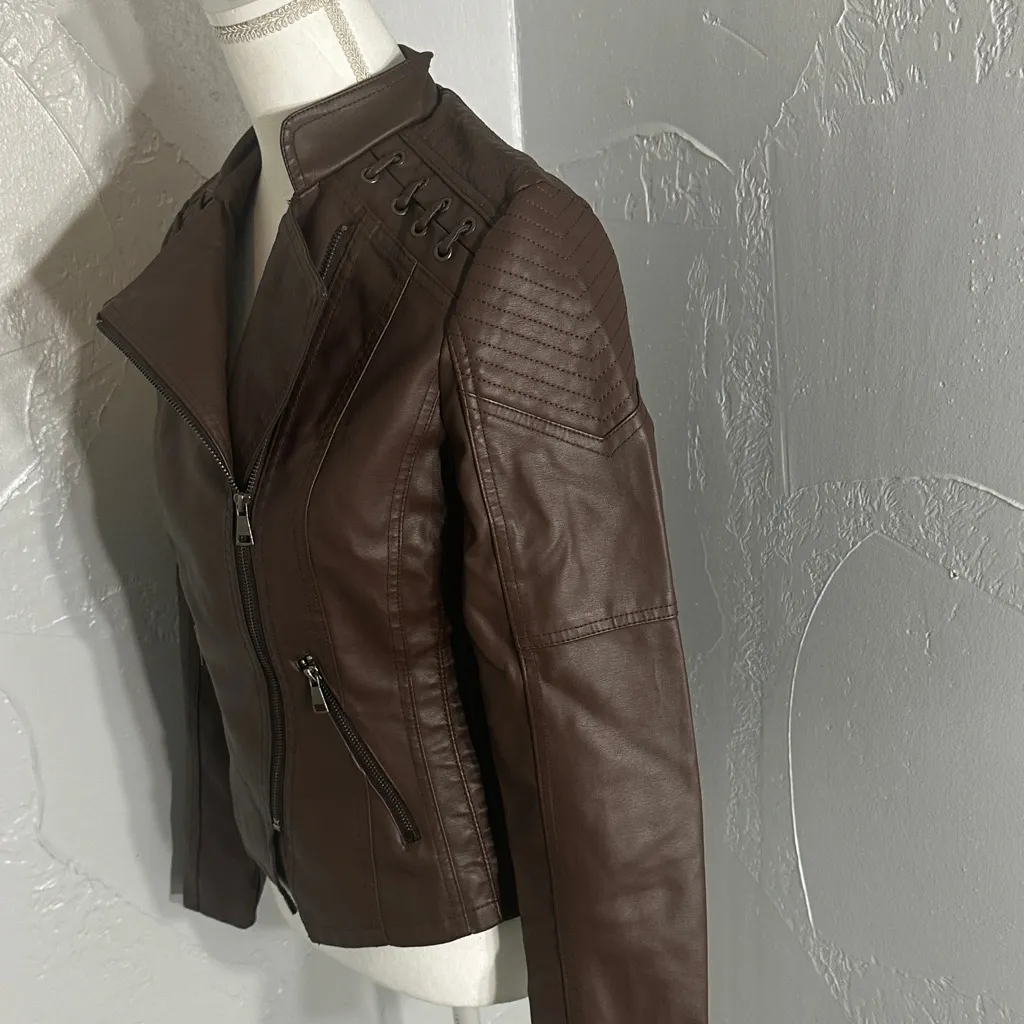 Brown Faux Leather Moto Jacket | PU Leather | Chic & Versatile. - Image 5