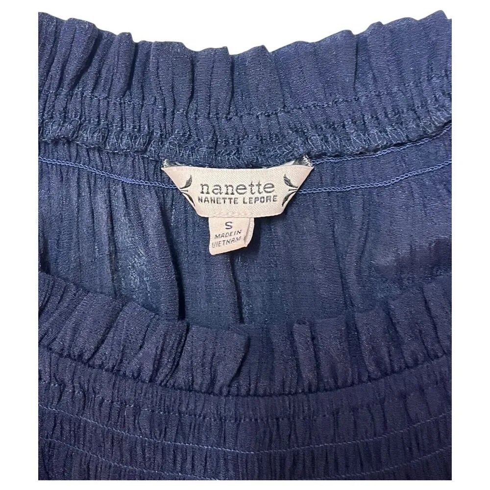 Nanette Lapore Top Womens S Sheer Half Sleeve Ruffle Round Neck Designer Blue - Image 8