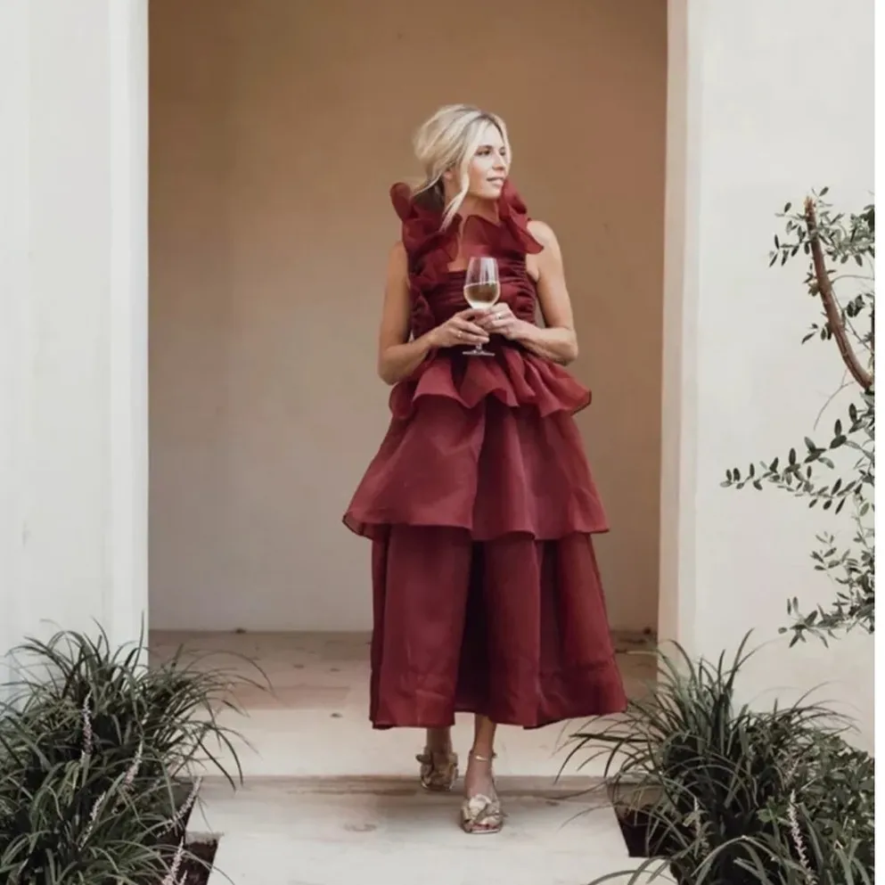 Aje Asra Pleated Frill Midi Dress Size AU/10, US/6 Red - Image 2