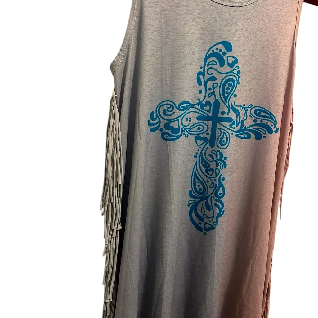 NWT: Fashion Express Western Dress Blue Cross Scroll Design & Fringe (Medium) - Image 5