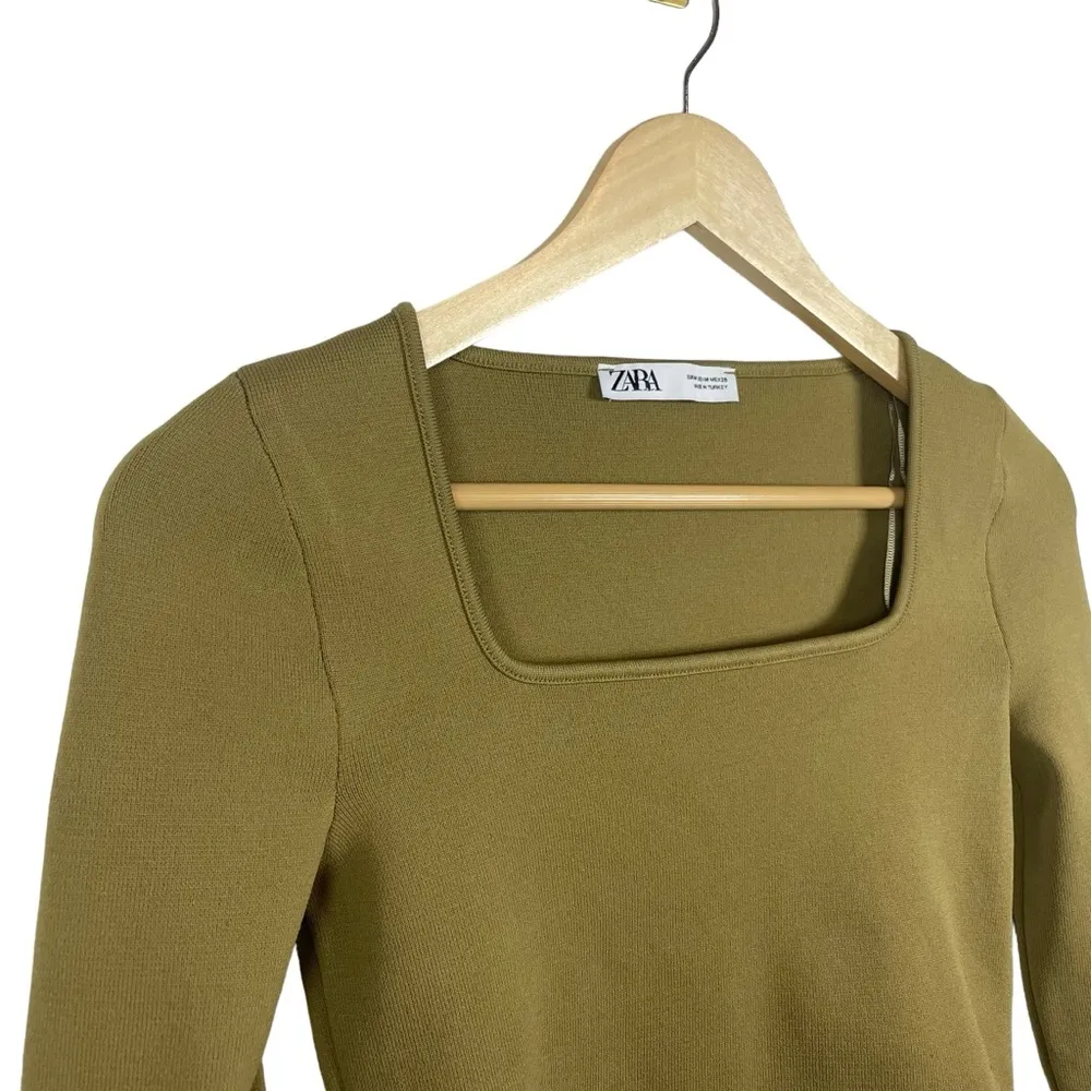 Zara Women’s Knit Square Neck Long Sleeve Crop Top in Olive Green Size M - Image 5