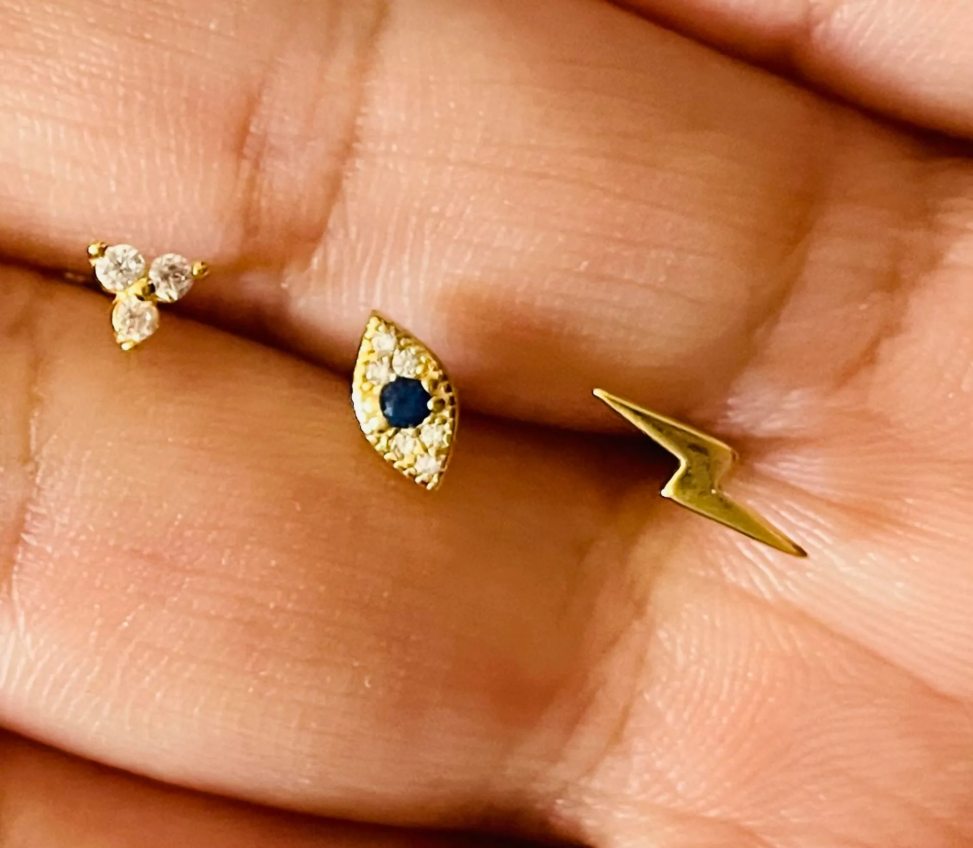 Set Of 3 Pairs / Evil Eye Studs + Lighting Studs +CZ Studs Gold - Image 3