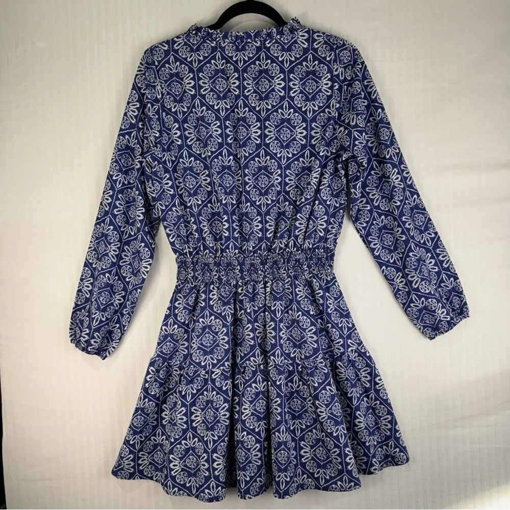 Cupshe Swim Cover White Ornate Print Navy Blue Mini Dress Split Neck Size Medium - Image 6