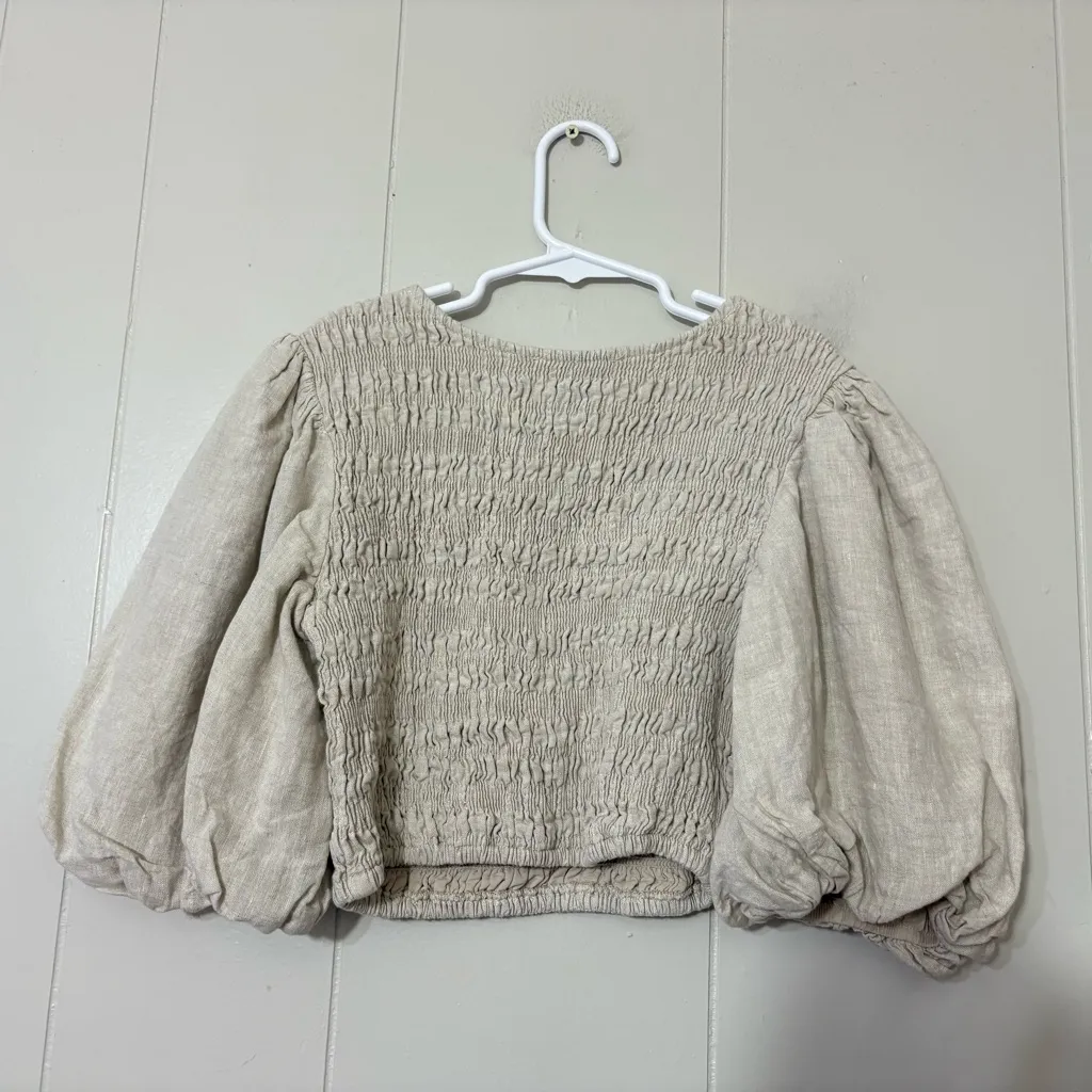 DISSH Frankie Natural Linen Shirred Crop Top Puff Sleeves Size 2 - Image 5