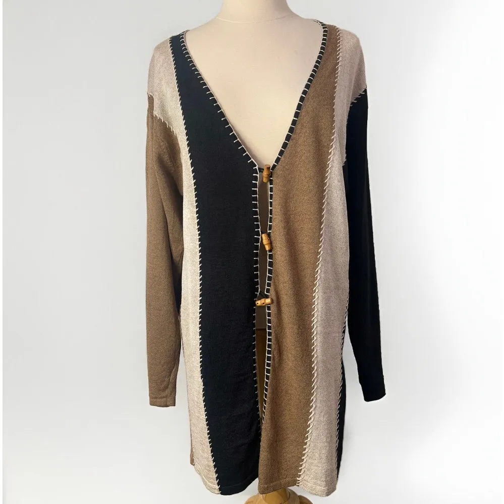 Women’s Vintage Boho Marissa Christina Linen Cardigan Small Black Brown Cream - Image 2