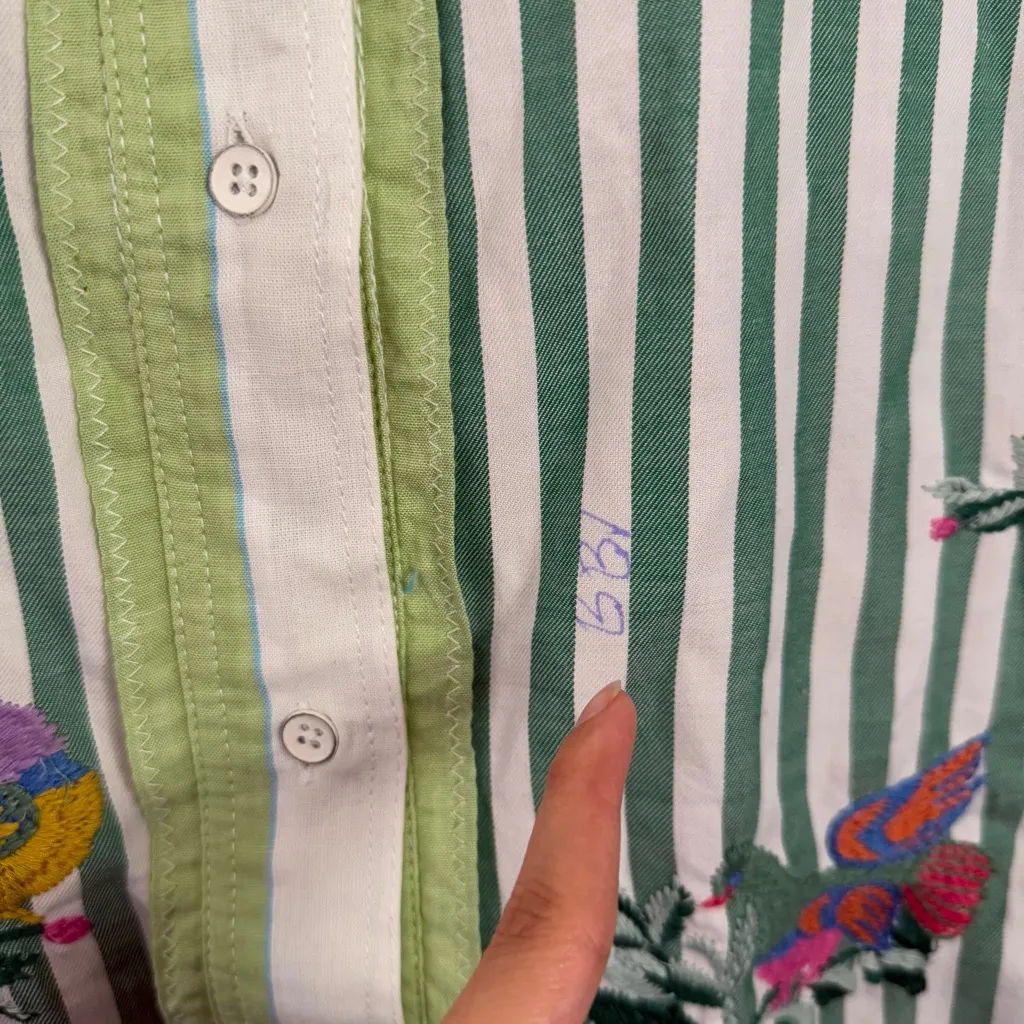 Free People Medium The Bird Shirt Embroidered Relaxed Boxy Fit Green Stripe - Image 3