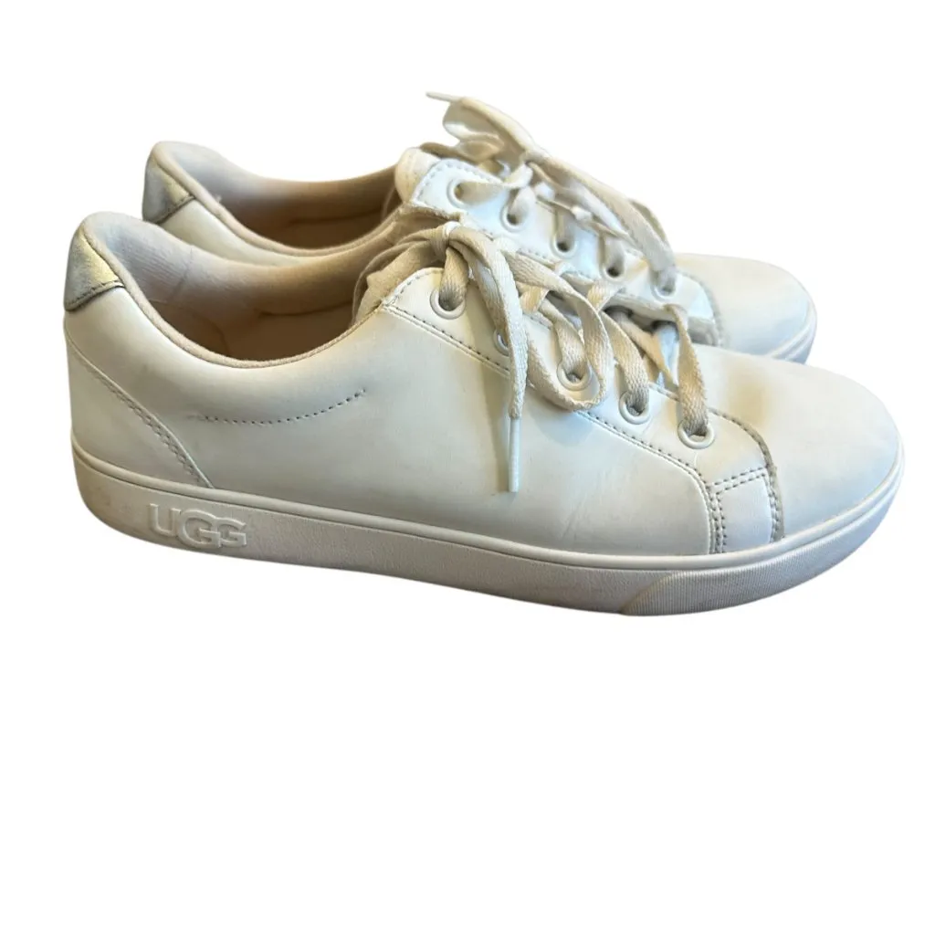 Ugg White Tennis Shoes Sneakers Leather Lace-Up Logo Casual Size 6 Women's - Image 6