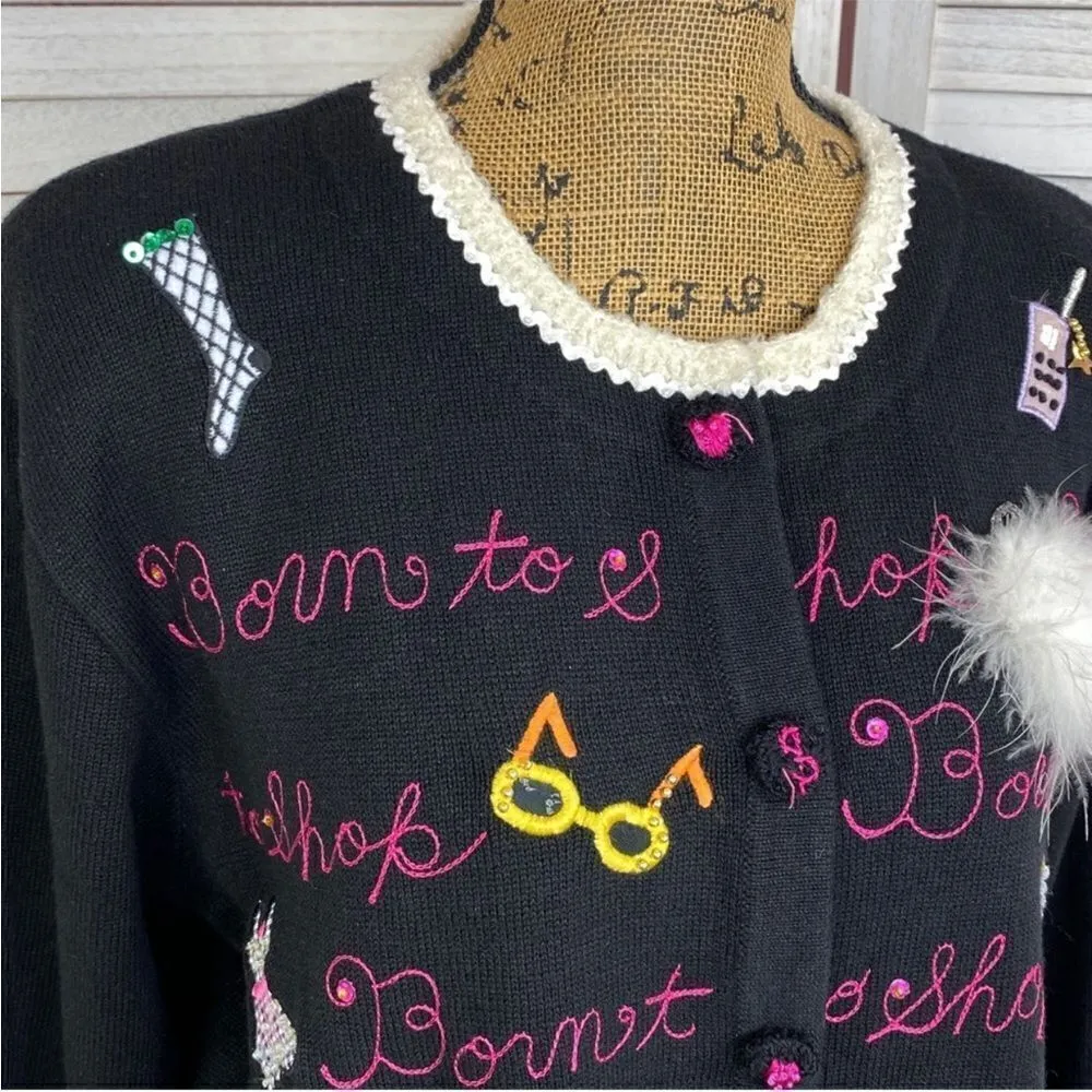 Berek Vintage 90s Born To Shop Embroidered Appliqué Cardigan Sweater‎ Black XL Black - Image 6