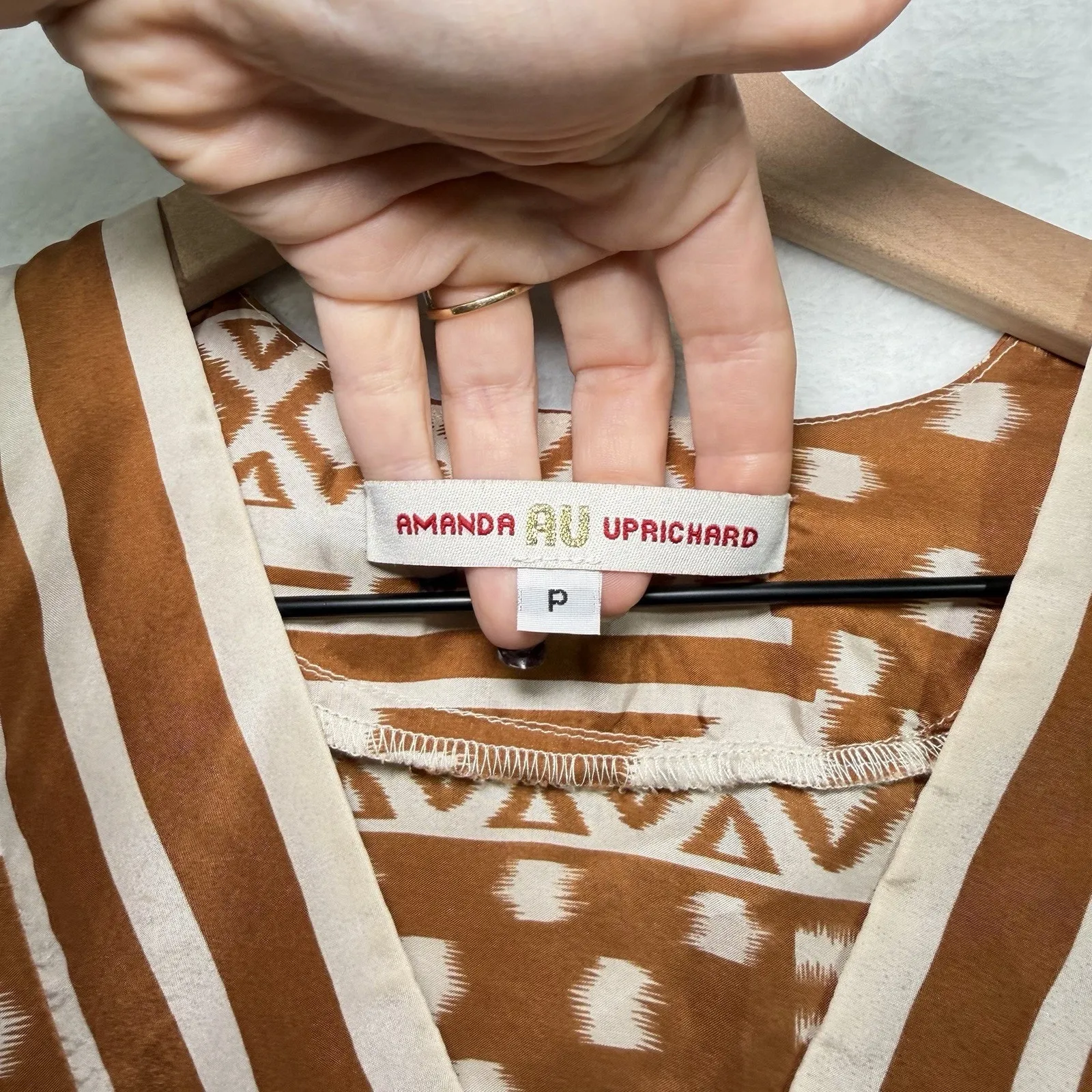 Amanda Uprichard 100% Silk Tan Gold White Flutter Sleeve Mini Dress Women Petite - Image 3