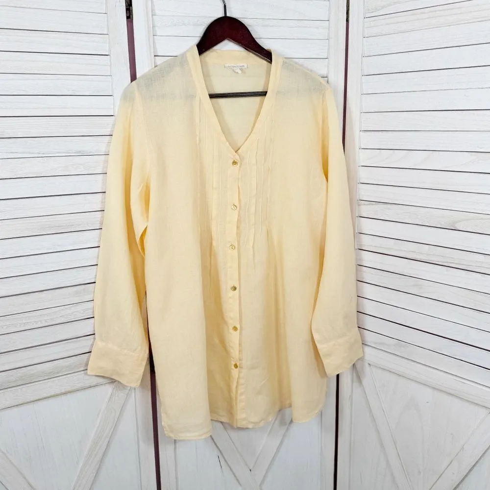 Eileen Fisher Pleated V Neck Irish‎ Linen Tunic Shirt Melon Orange Large - Image 8
