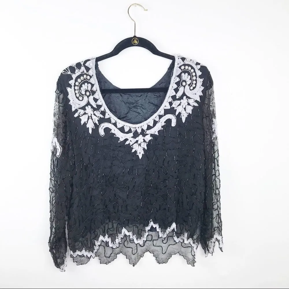 Vintage sequin‎ beaded silk blouse - Image 4