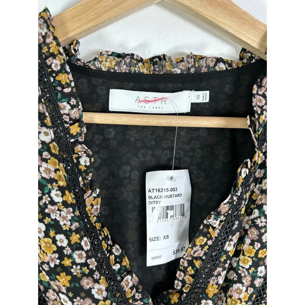 ASTR The Label Ximena Ditsy Floral Faux Wrap Peplum Top XS Black Mustard NWT - Image 3