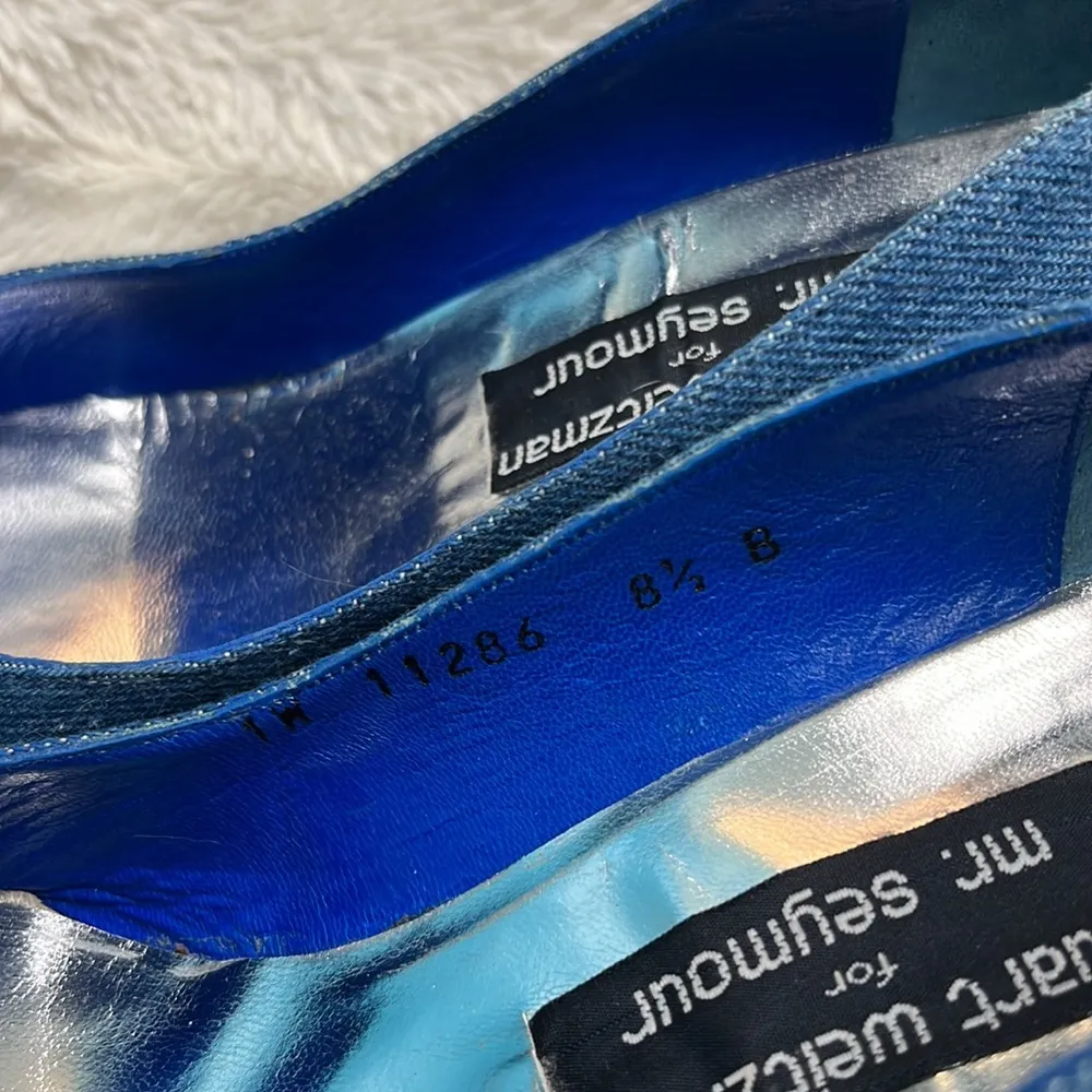 Stuart Weitzman Blue Denim Heels with Silver Rhinestone Accents - Image 9