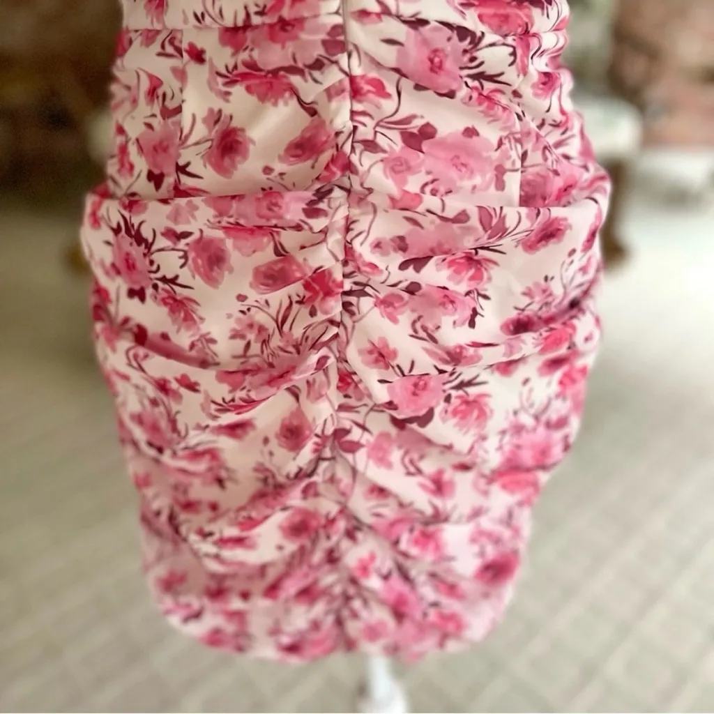 Mari Bella Oh Polly Dress Ruched Floral Off the Shoulder Ruched Bodycon Mini S Pink - Image 14