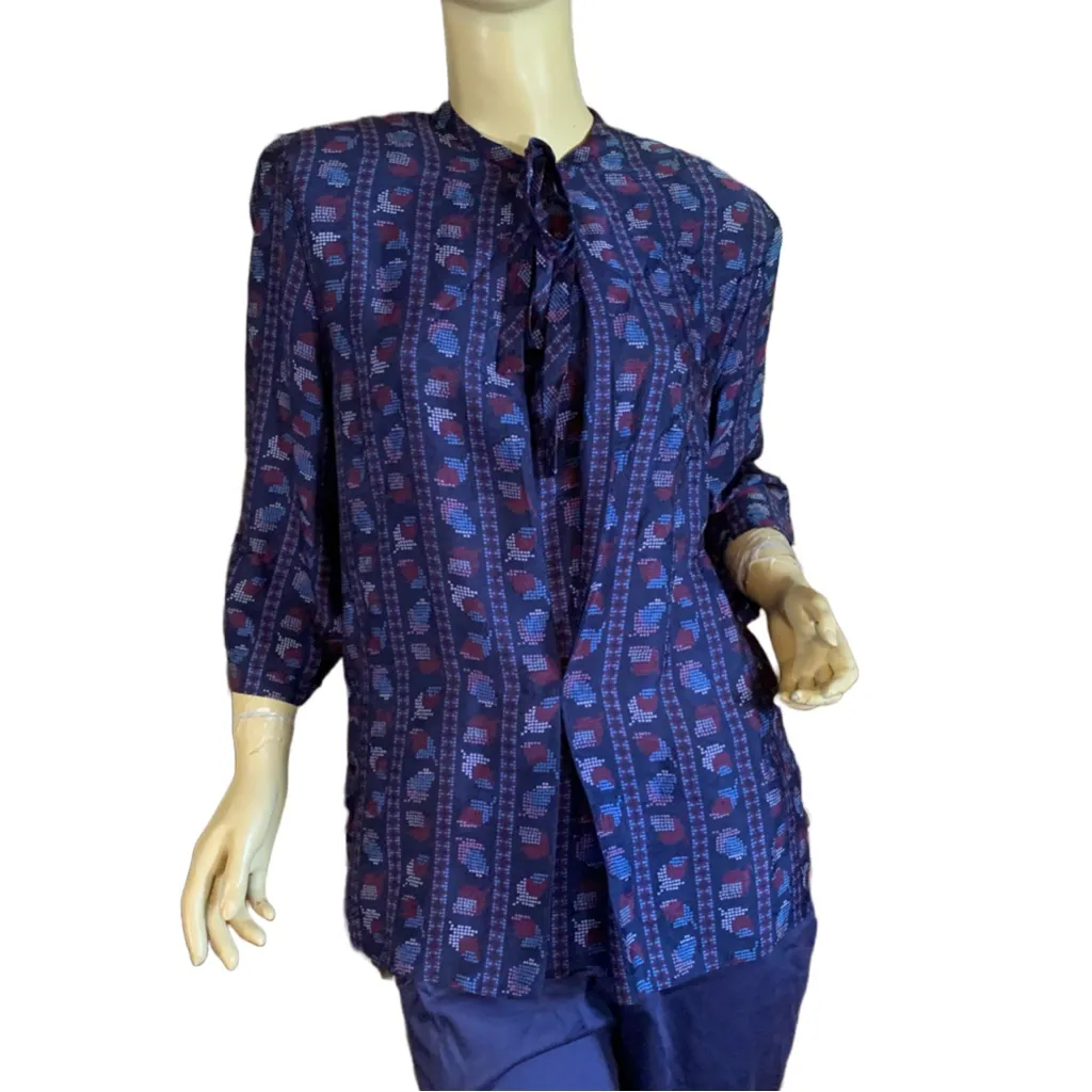 VINTAGE 80'S HALSTON III BLUE AND BURGUNDY SILK BLOUSE (10) - Image 2