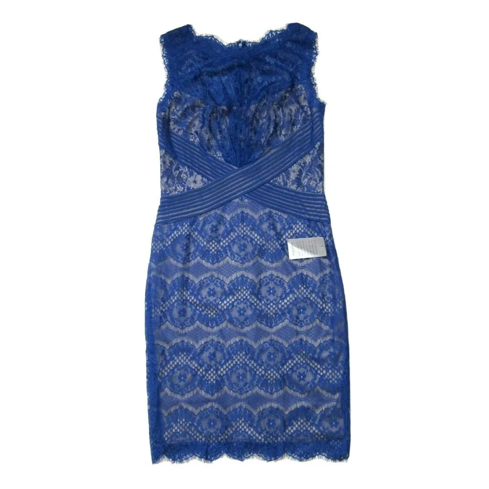 NWT TADASHI SHOJI Chantilly Lace Sheath in Blue Lagoon Boatneck Dress 10 - Image 3