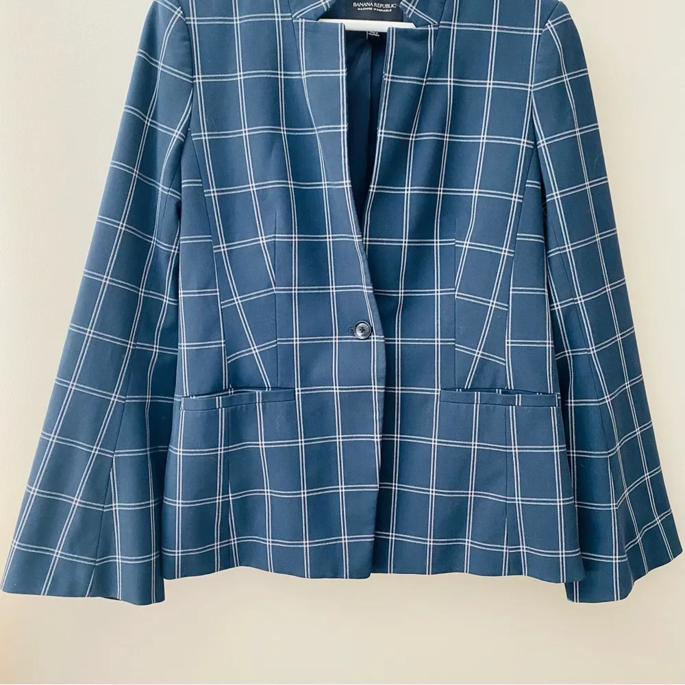 Banana Republic Windowpane Bell Sleeve One Button Blazer Jacket Navy Blue Sz 6 - Image 3
