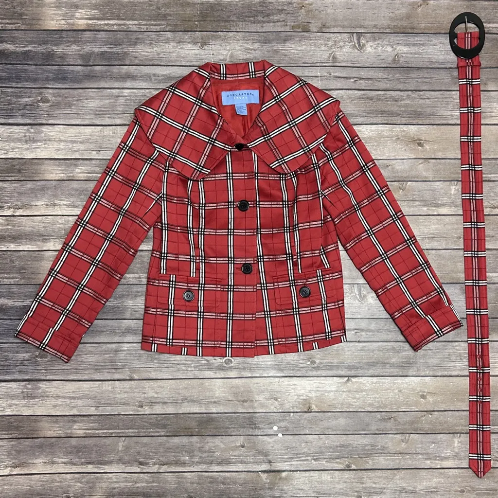 Doncaster Sport Red Black White Plaid Removable Belt Wide Collar Short Jacket 4 - Image 7