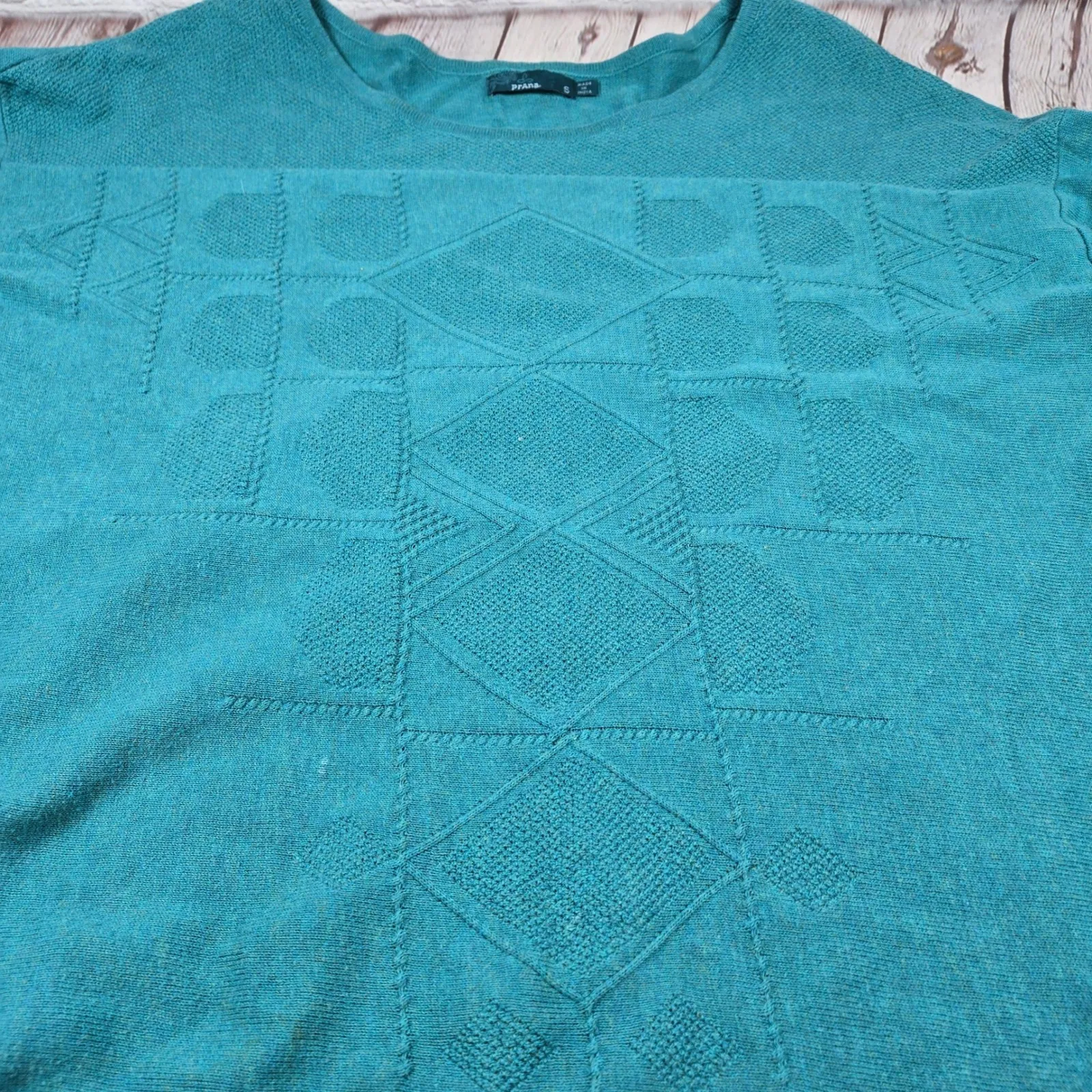 Prana Stacia Sweater Teal Green Geometric Knit Organic Cotton Size S - Image 7