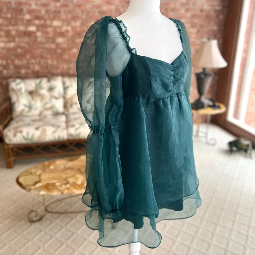 NEW Altar’d State Luretta Dress Teal Green Organza Babydoll Mini M (6/8) Party - Image 13