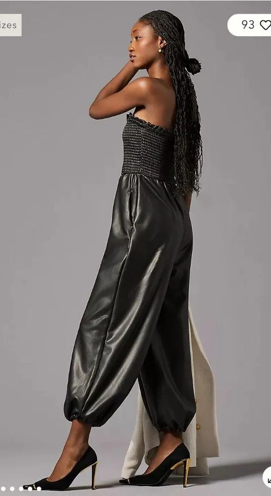 By Anthropologie Faux Leather Balloon Jumpsuit size Large EUC black womens - Image 2