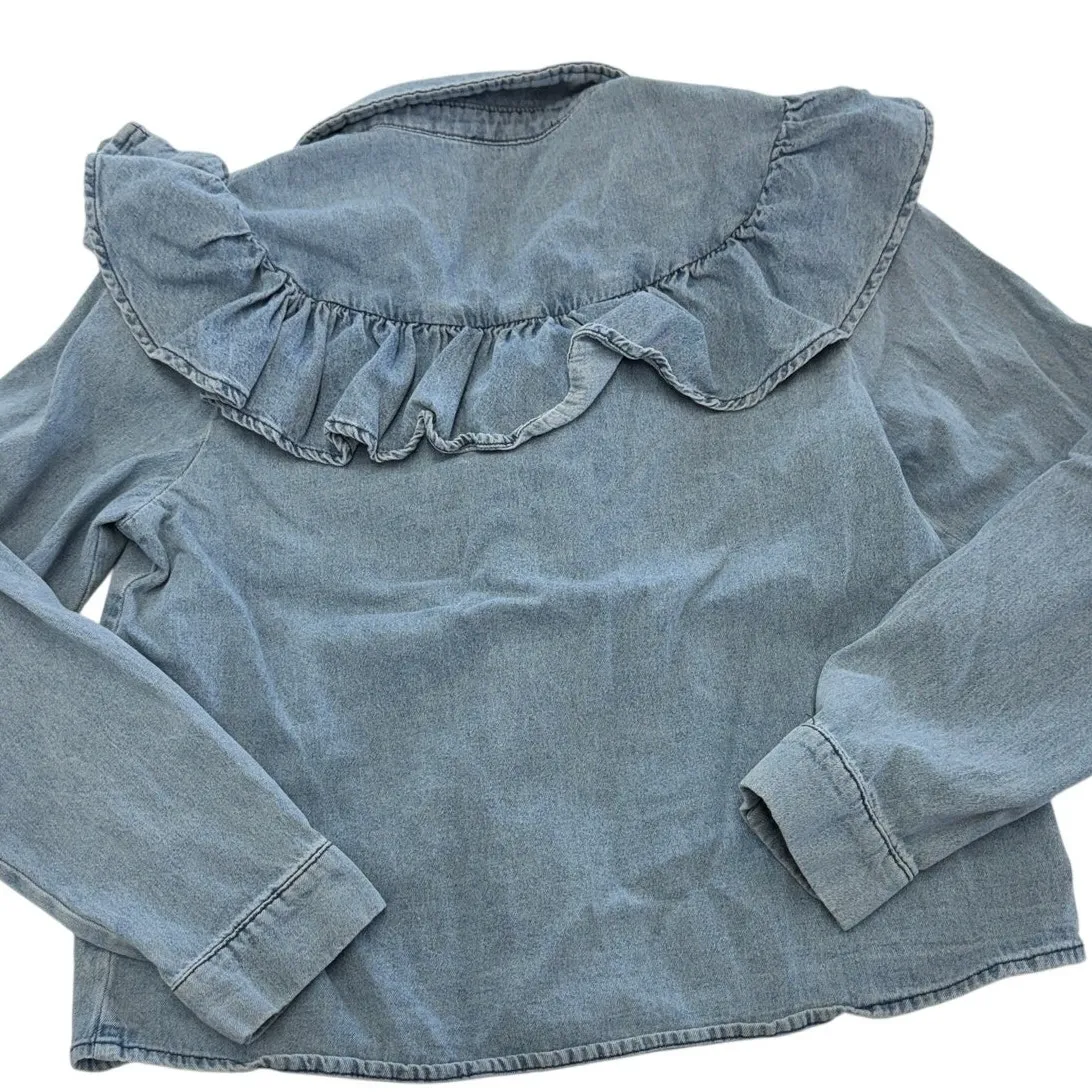 Lulus Top‎ Womens Medium Blue Chambray Ruffle Belle of the Moment Cotton - Image 4
