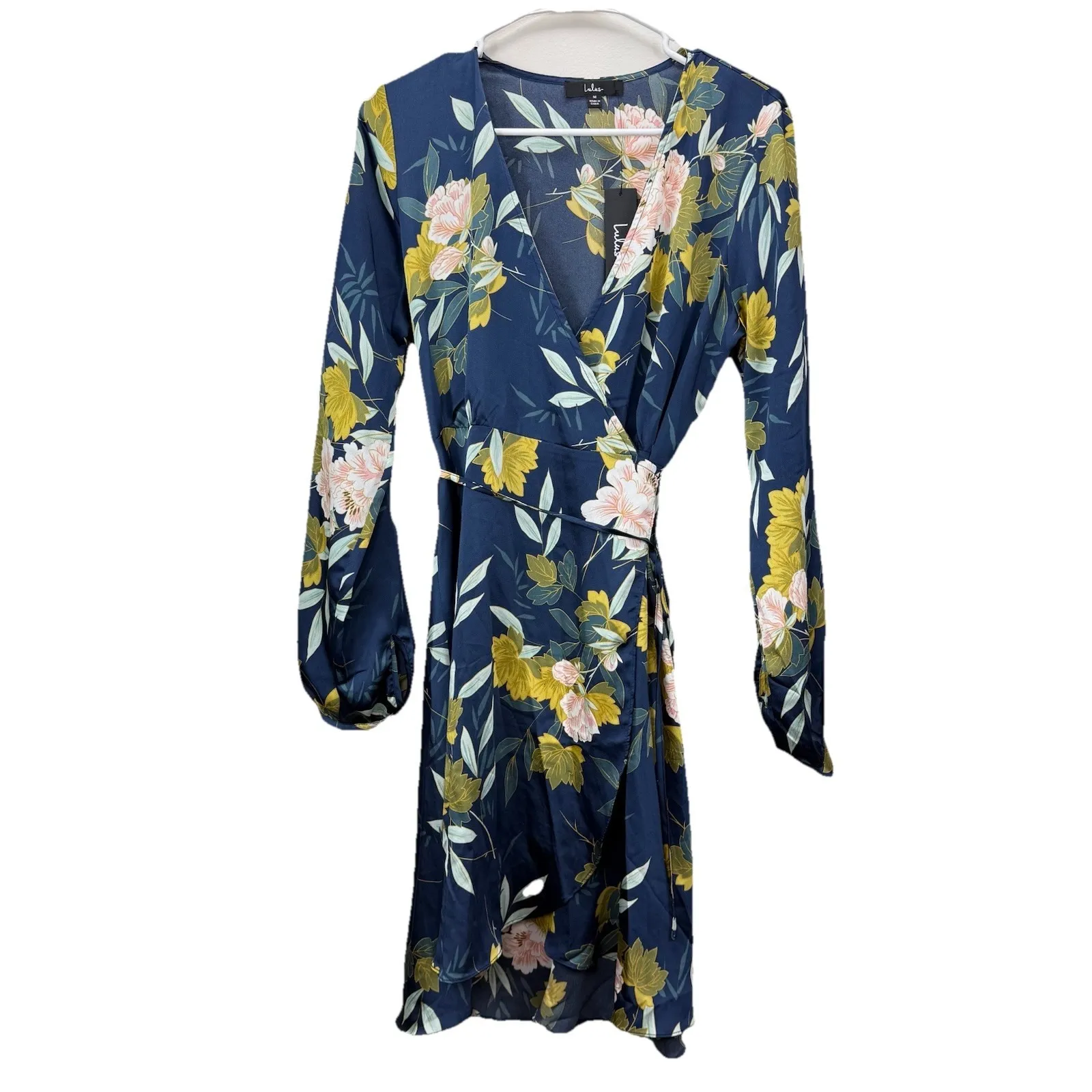 NWT Lulus Love is Life Navy Blue Floral Satin Long Sleeve Wrap Dress MEDIUM - Image 6