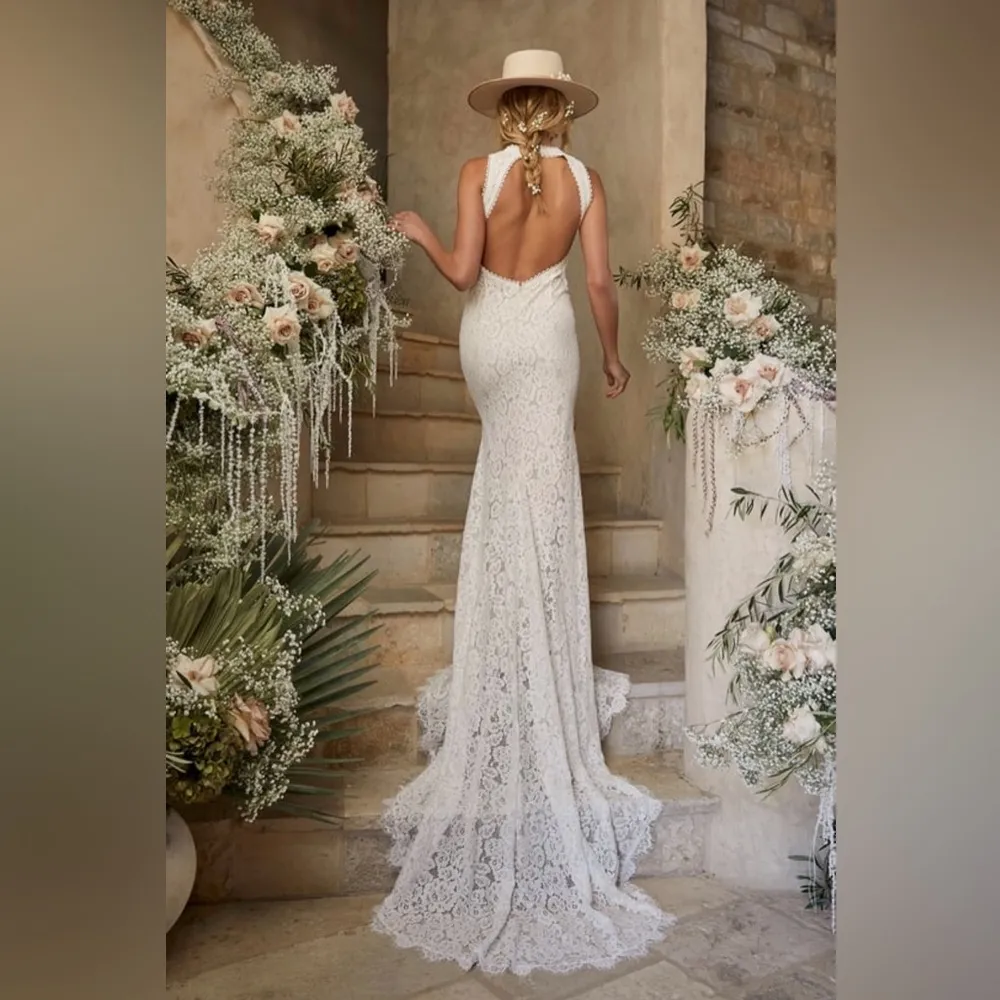 NWOT Lulus “Love Everlasting” White and Nude Floral Lace Mermaid Maxi Dress M Size M - Image 6